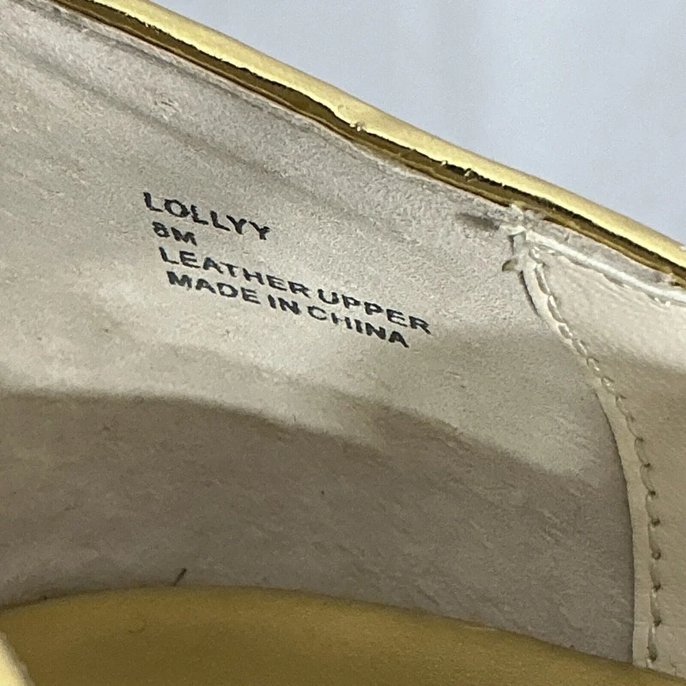 Womans Steven By Steve Madden Lollyy 9m Gold Leather Peep Toe Cut Out Heel Pumps